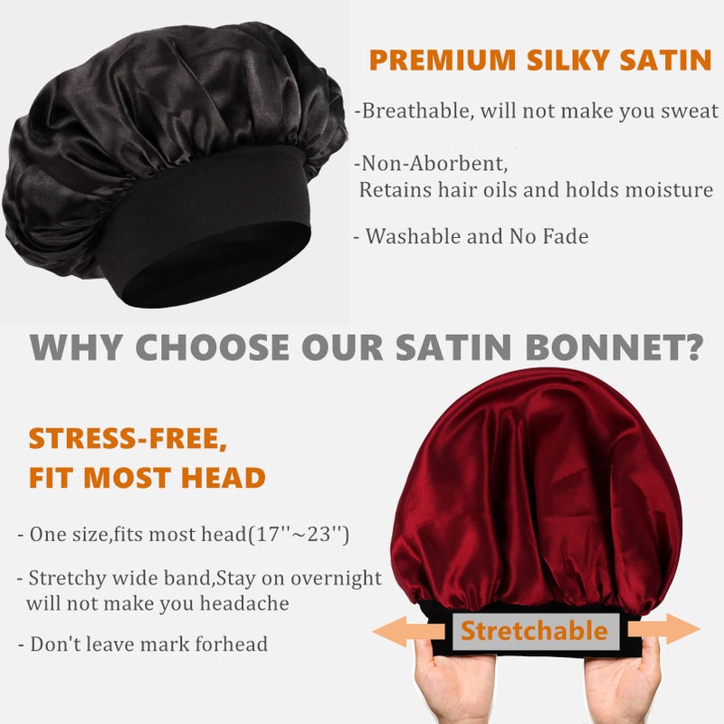 Himoswis Bonnet for Men Hair Bonnet for Sleeping Double Layer Satin Bonnets for Black Women Curly Hair Braids Reversible Sleep Cap (Large Black/Burgundy) - Image 4